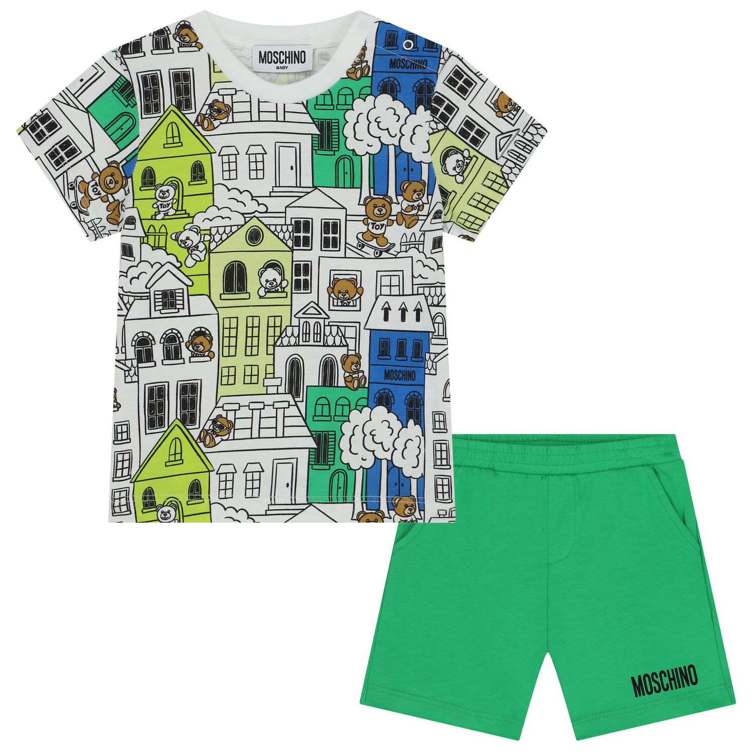 Younger Boys White & Green Logo Shorts Set, 1, hi-res