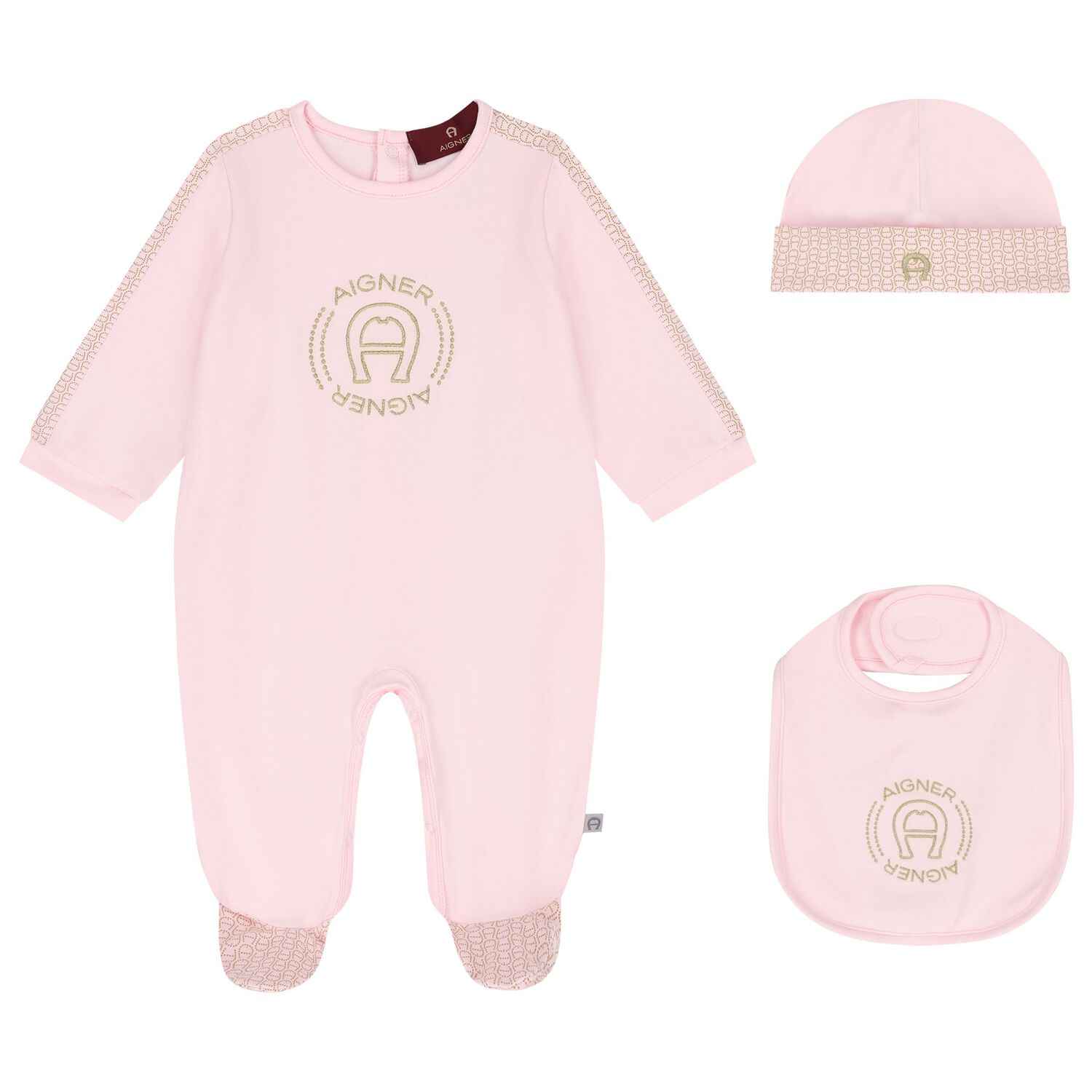 Baby Girls Pink & Gold Logo Babygrow Hat & Bib Gift Set, 1, hi-res