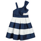Girls White & Navy Blue Striped Satin Dress, 1, hi-res