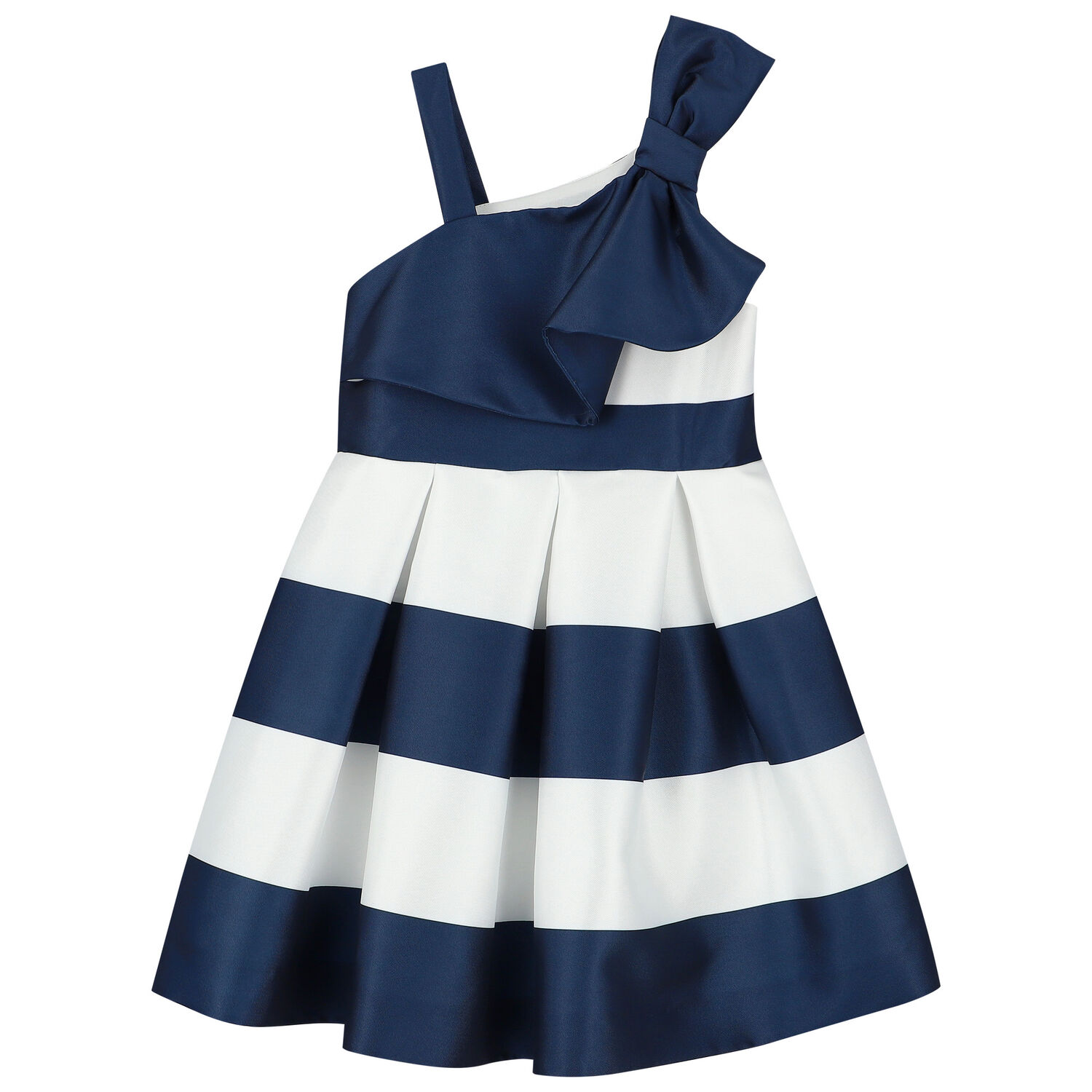 Girls White & Navy Blue Striped Satin Dress, 1, hi-res image number null