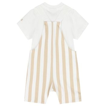 Baby Boys White & Beige Striped Logo Dungaree Set