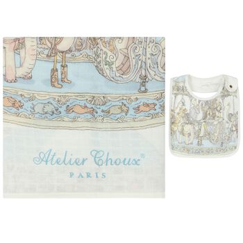 Baby Boys Ivory & Blue Carousel Carré Swaddle & Bib Gift Set