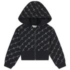 Girls Black Logo Hooded Zip Up Top, 1, hi-res