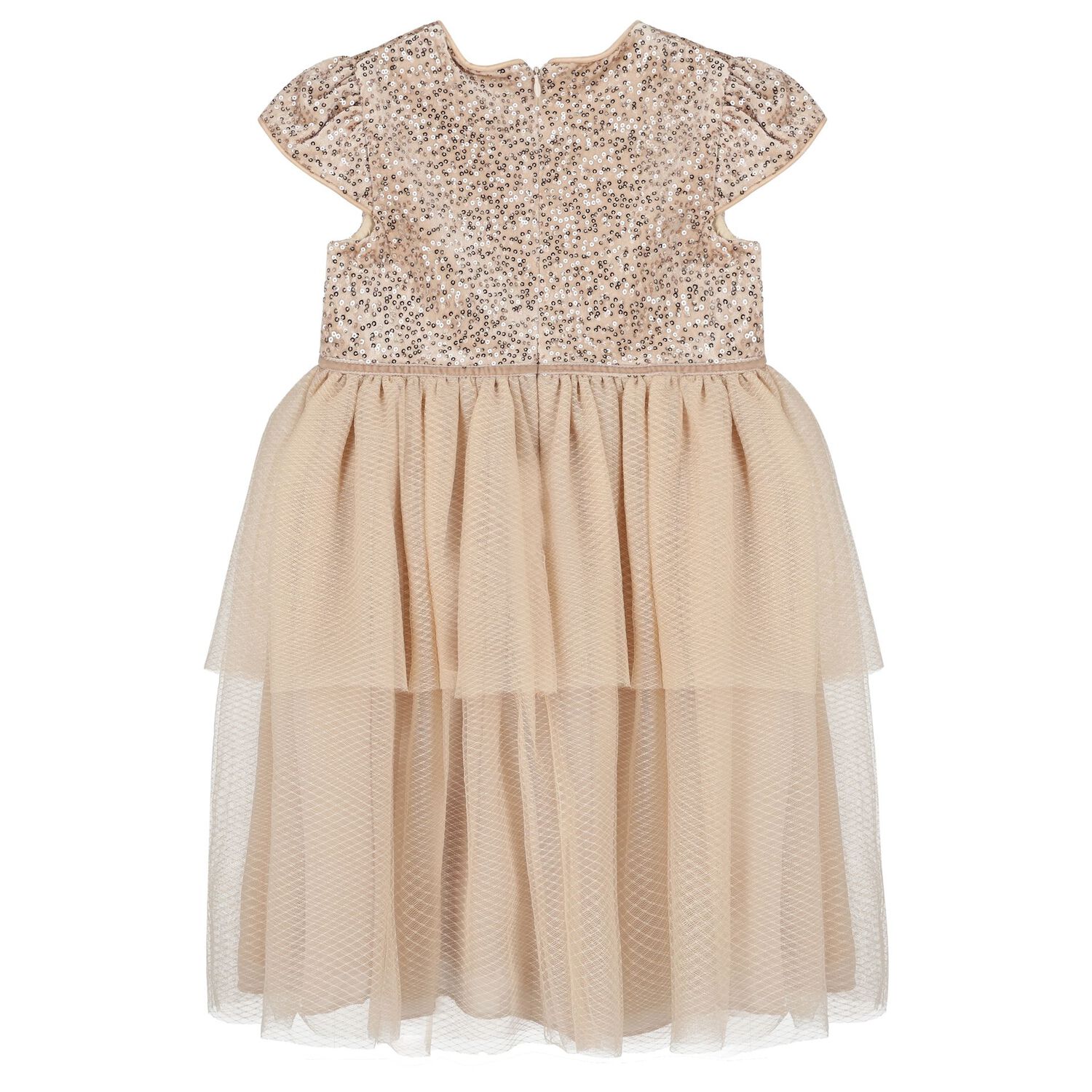 Girls Beige Sequin & Tulle Dress, 1, hi-res