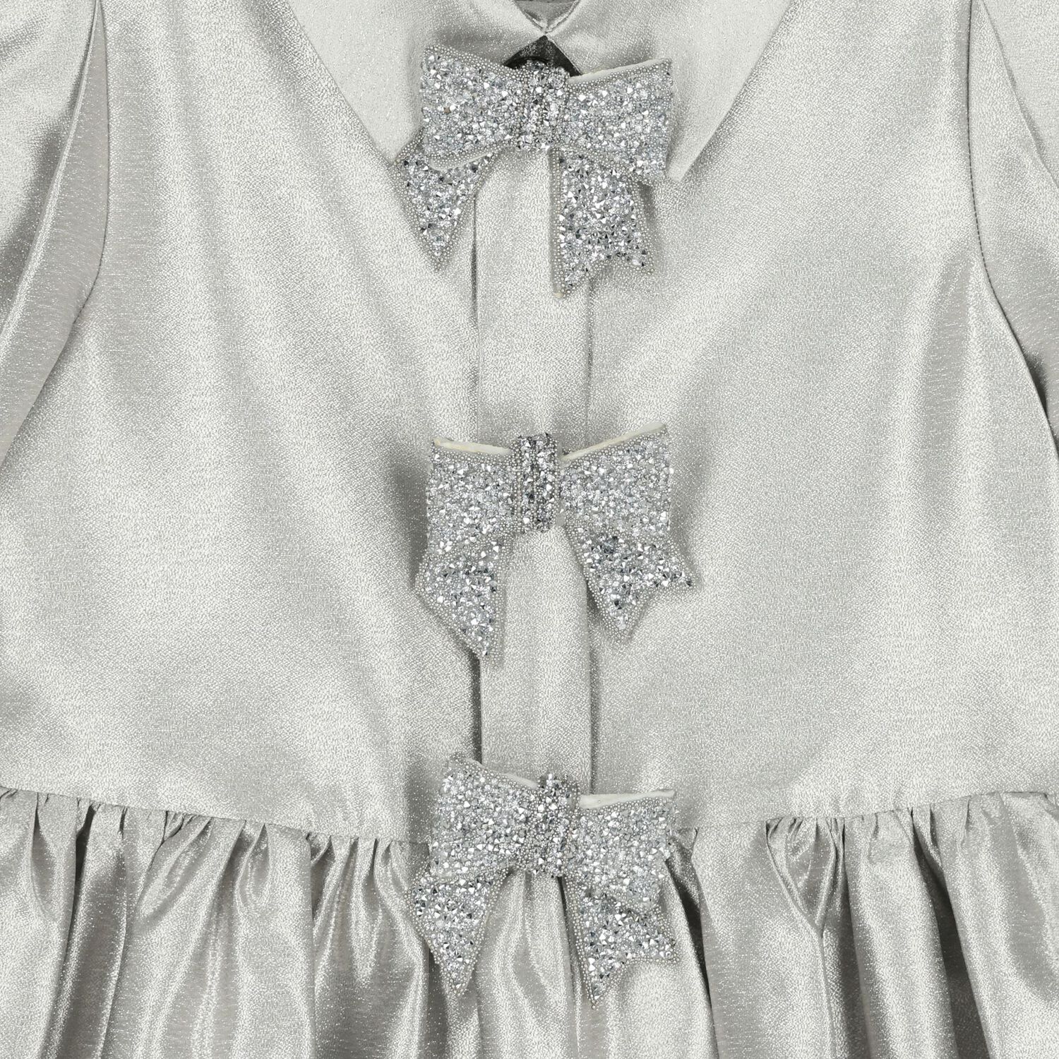 Girls Metallic Silver Glittery Bows Dress, 1, hi-res
