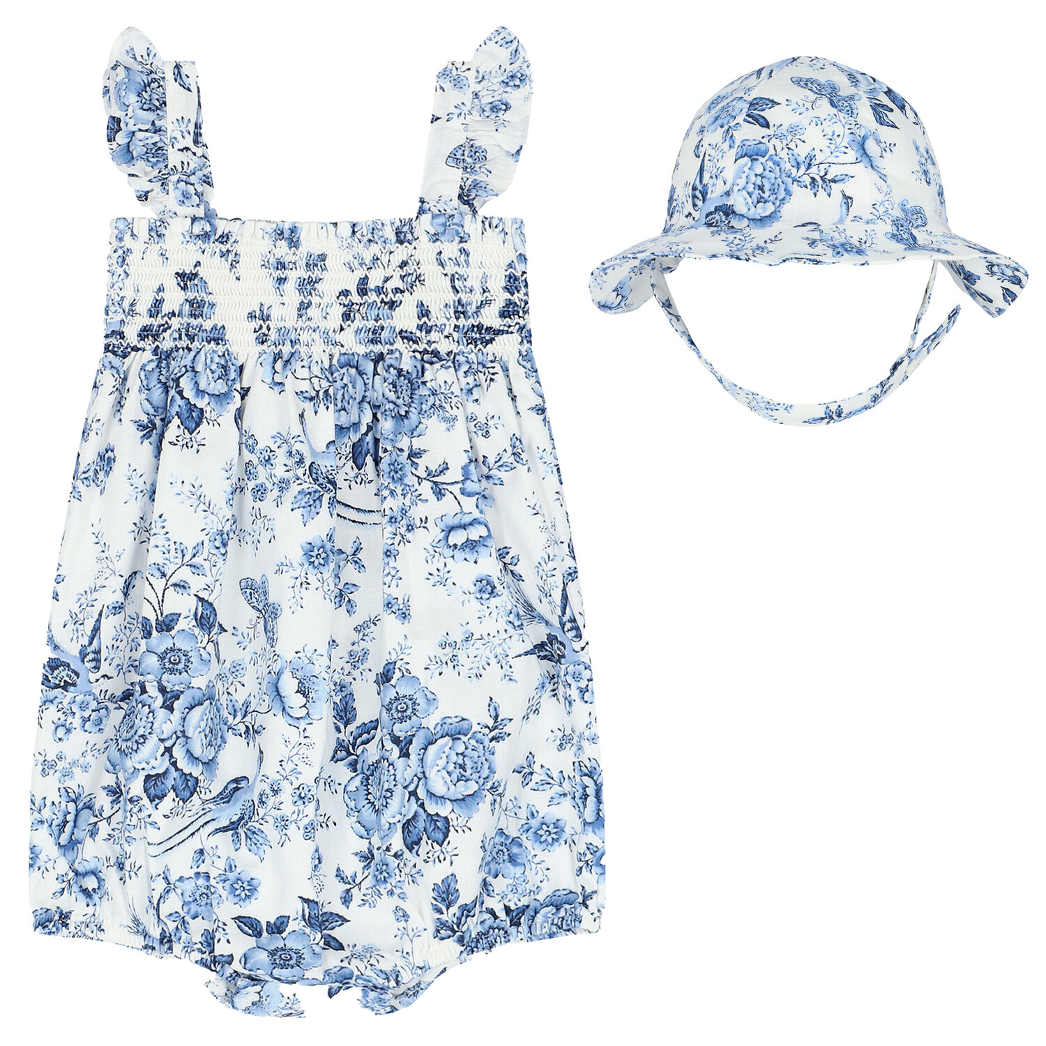 Baby Girls Blue Floral Linen Hat Dress Set, 1, hi-res