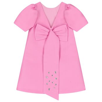 Girls Pink Bow Puff Sleeve Dress