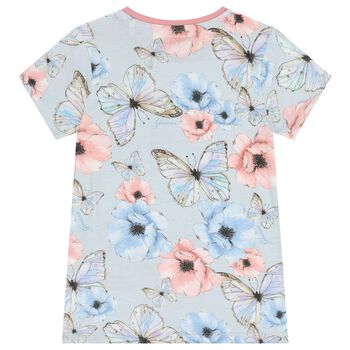 Girls Blue & Pink Floral Butterfly Logo T-Shirt