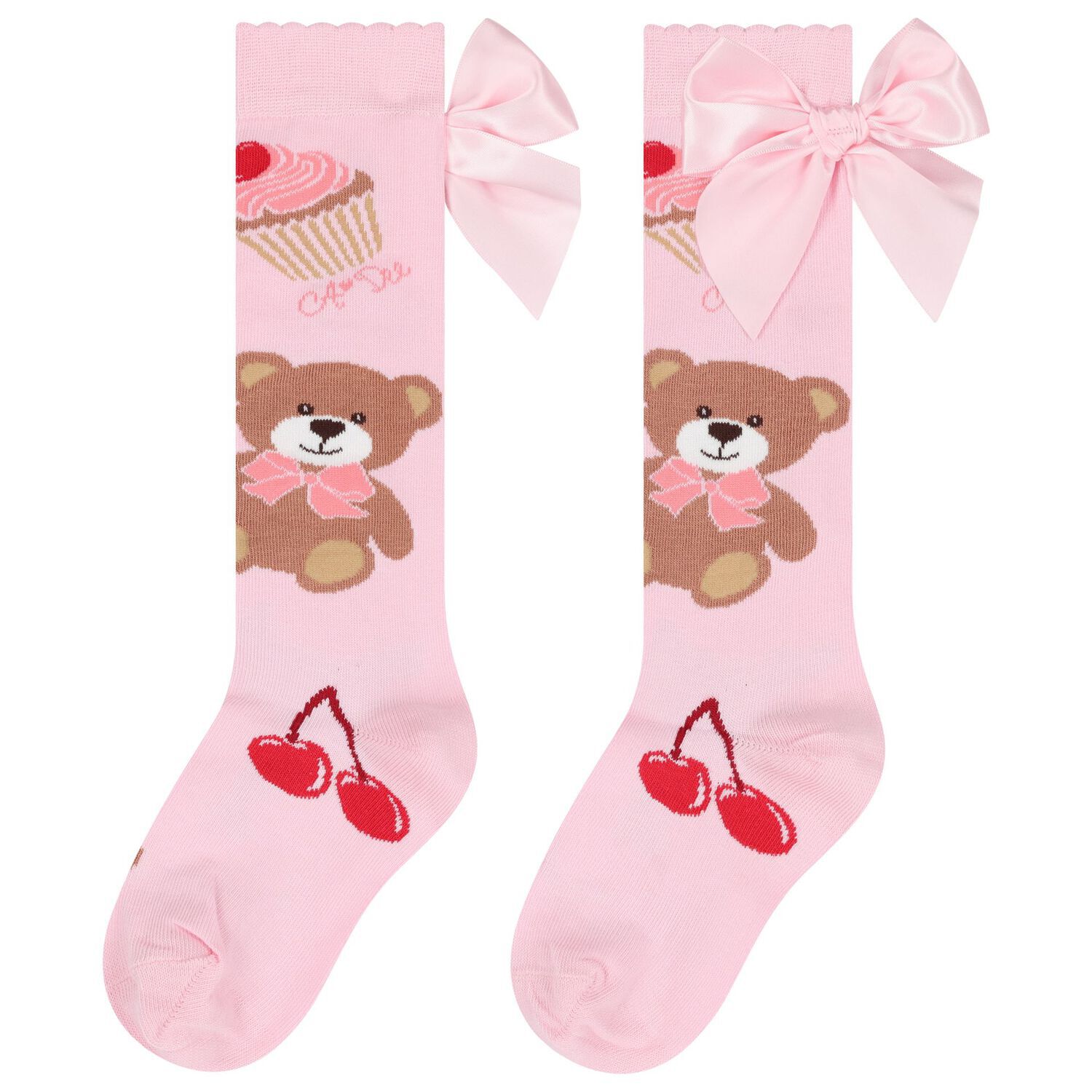 Girls Pink Satin Bow Socks, 1, hi-res