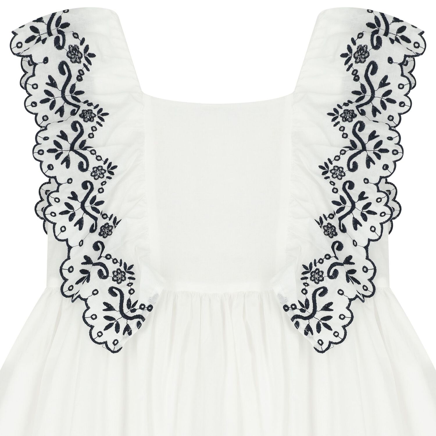 Girls White & Navy Blue Embroidered Ruffles Dress, 1, hi-res