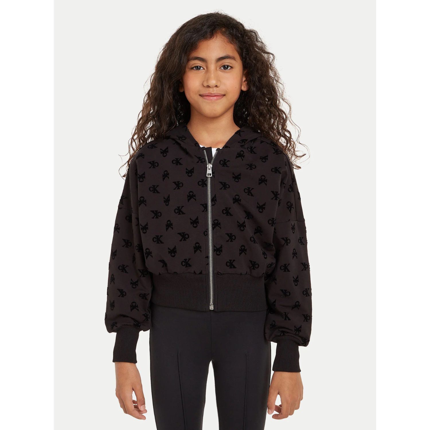 Girls Black Logo Hooded Zip Up Top, 1, hi-res image number null