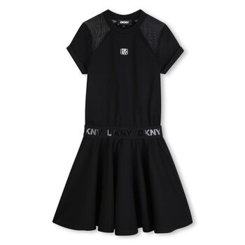 Girls Mini Me Black Scuba & Mesh Logo Dress