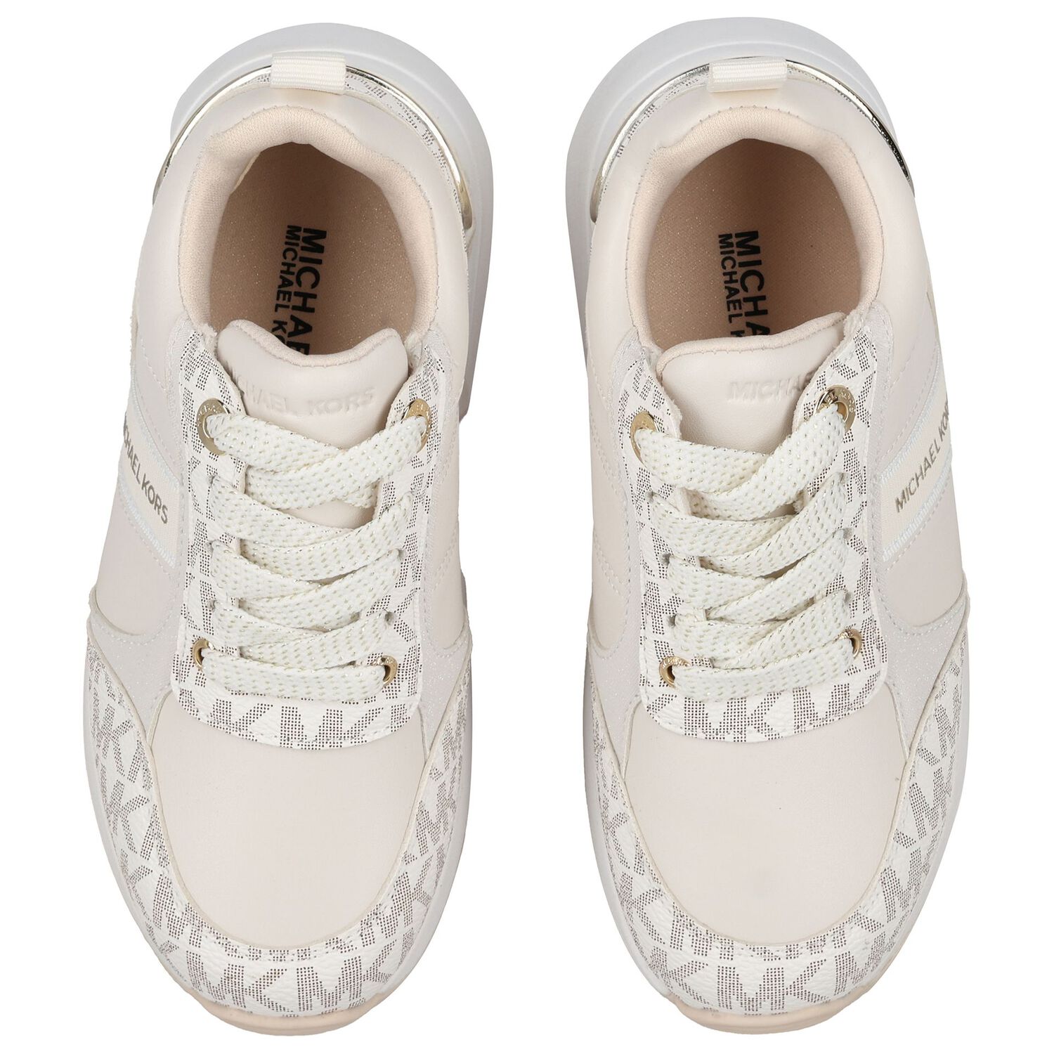 Girls Ivory & Gold Logo Trainers, 1, hi-res