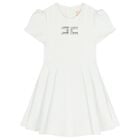 Girls White Diamante Logo Pleated Dress, 4, hi-res