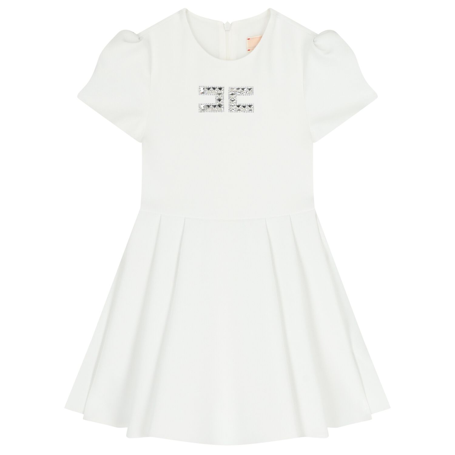 Girls White Diamante Logo Pleated Dress, 4, hi-res