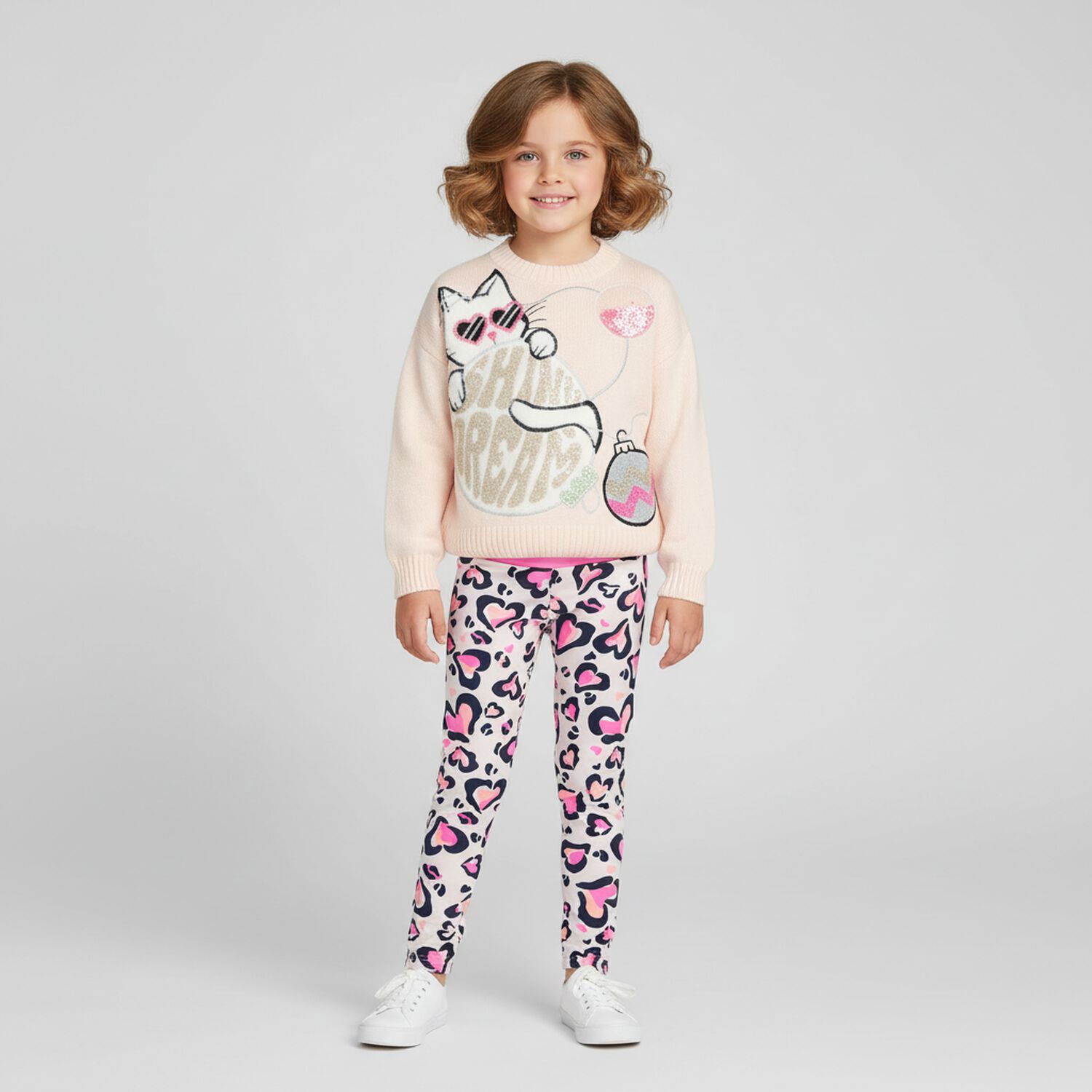 Girls Pink Cat Knitted Sweatshirt, 1, hi-res