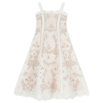 Girls White & Beige Lace Dress