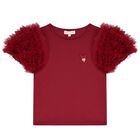 Girls Burgundy Tulle Sleeve T-Shirt, 3, hi-res