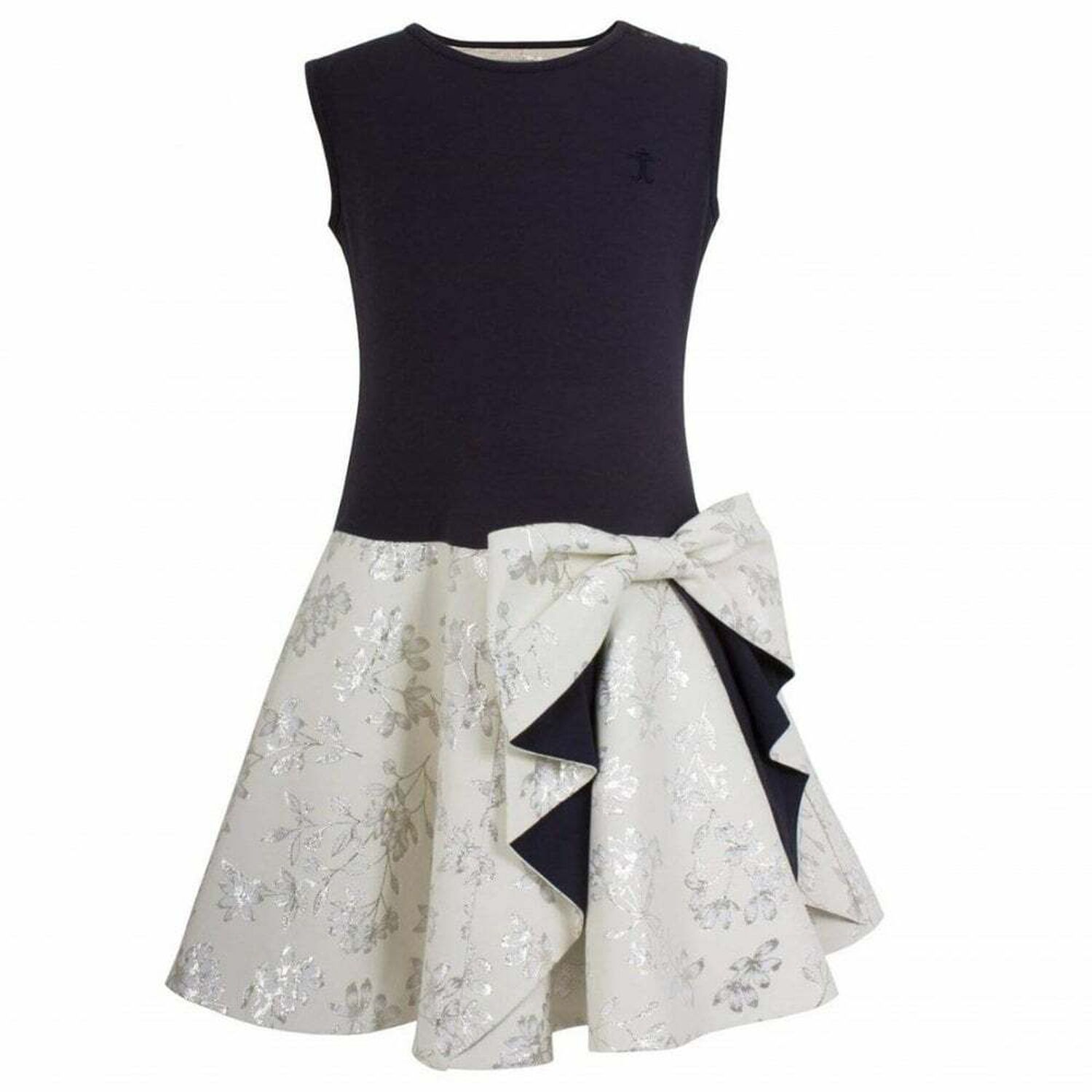 Girls Navy Blue & Ivory Jacquard Dress, 1, hi-res image number null