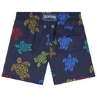 Boys Navy Blue Turtle Swim Shorts, 1, hi-res