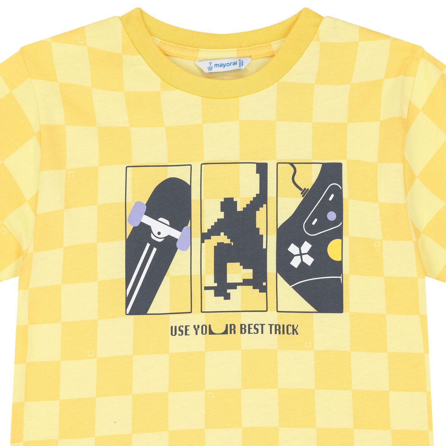 Boys Yellow & White Check Skater T-Shirt, 1, hi-res