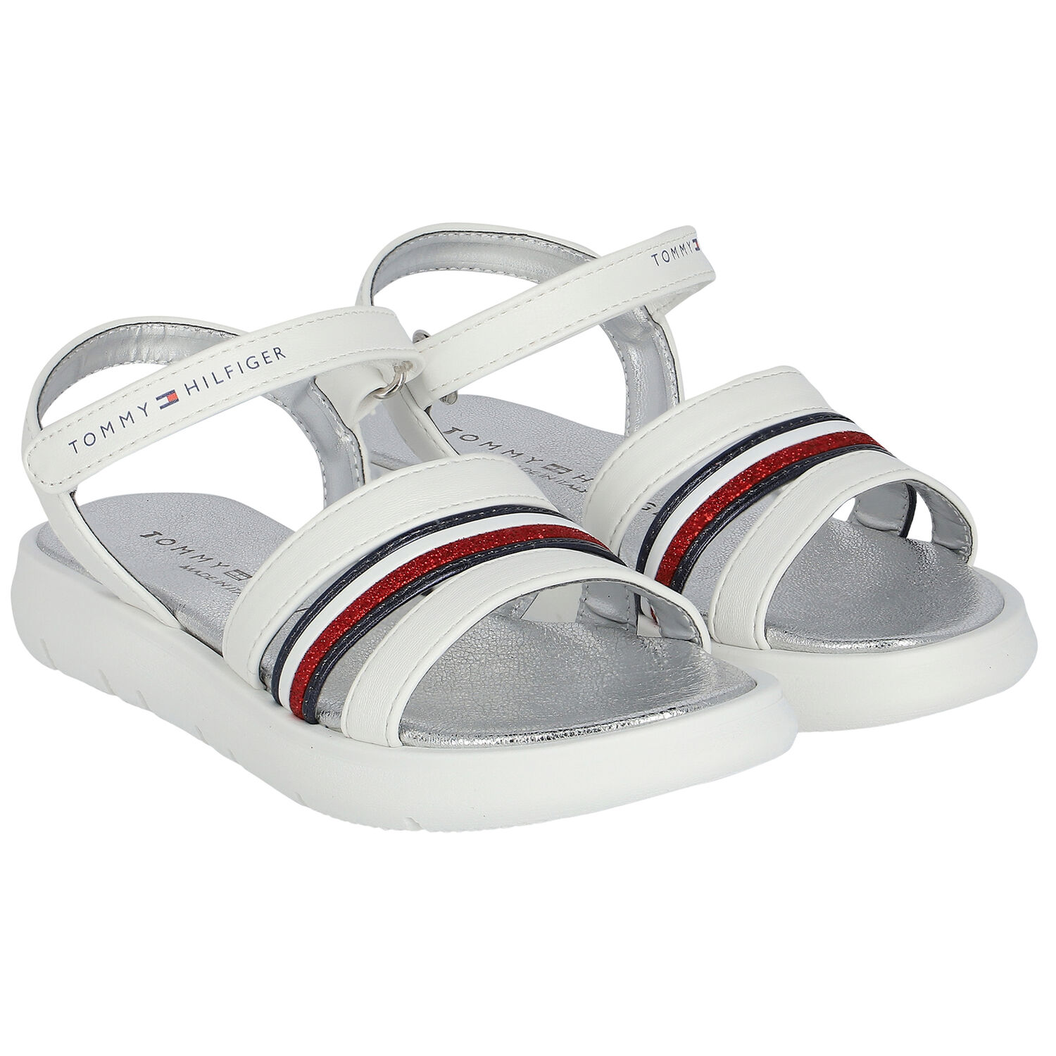 Girls White Stripe Logo Sandals, 1, hi-res