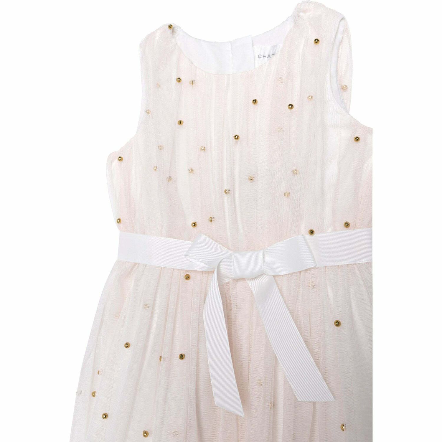 Girls Ivory & Gold Beaded Dress, 1, hi-res