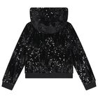 Girls Black Sequins Hooded Zip Up Top, 2, hi-res