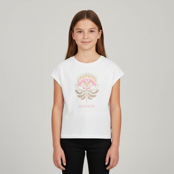 Girls White Flower Logo T-Shirt, 1 Girls White Flower Logo T-Shirt