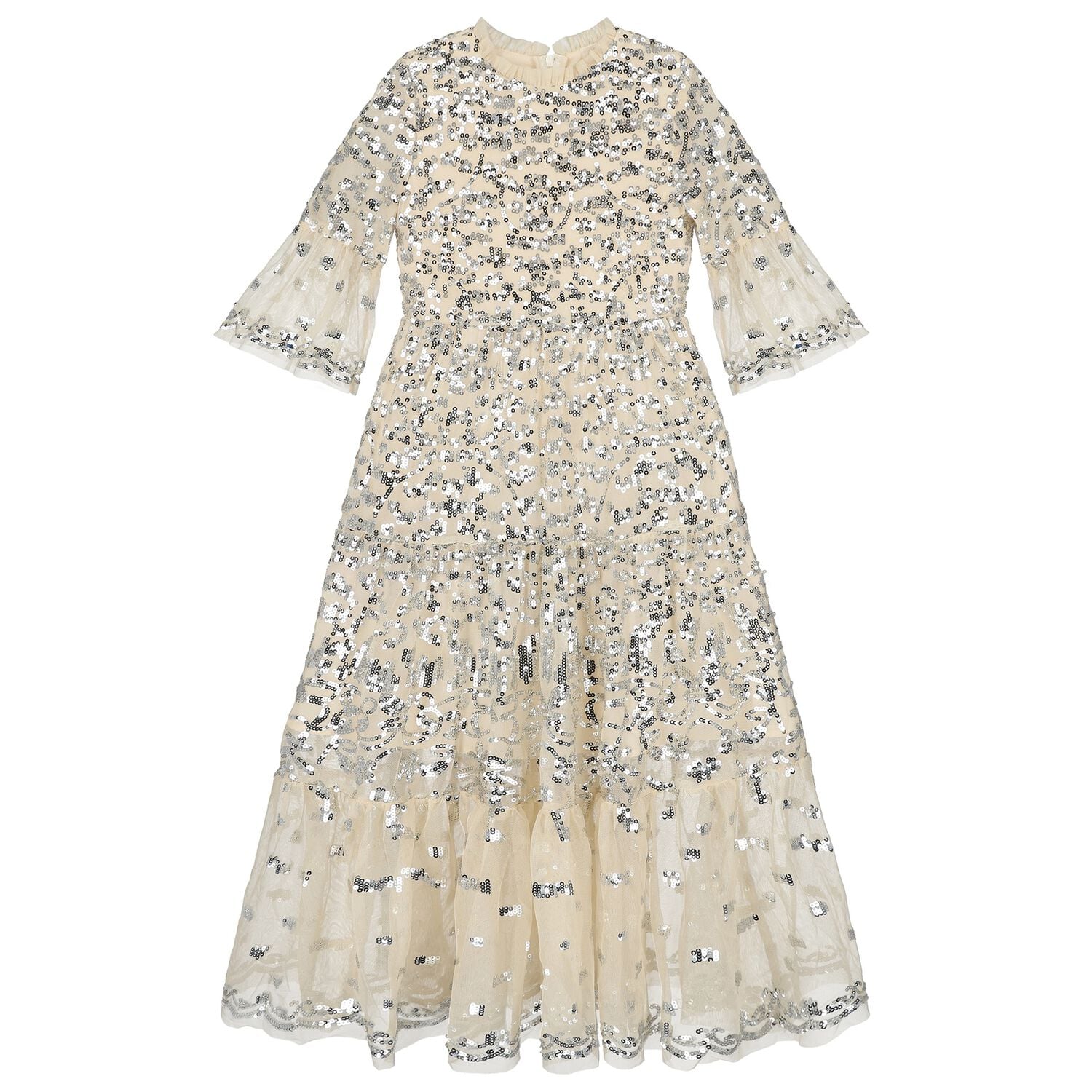 Girls Beige & Silver Sequin Maxi Dress, 1, hi-res