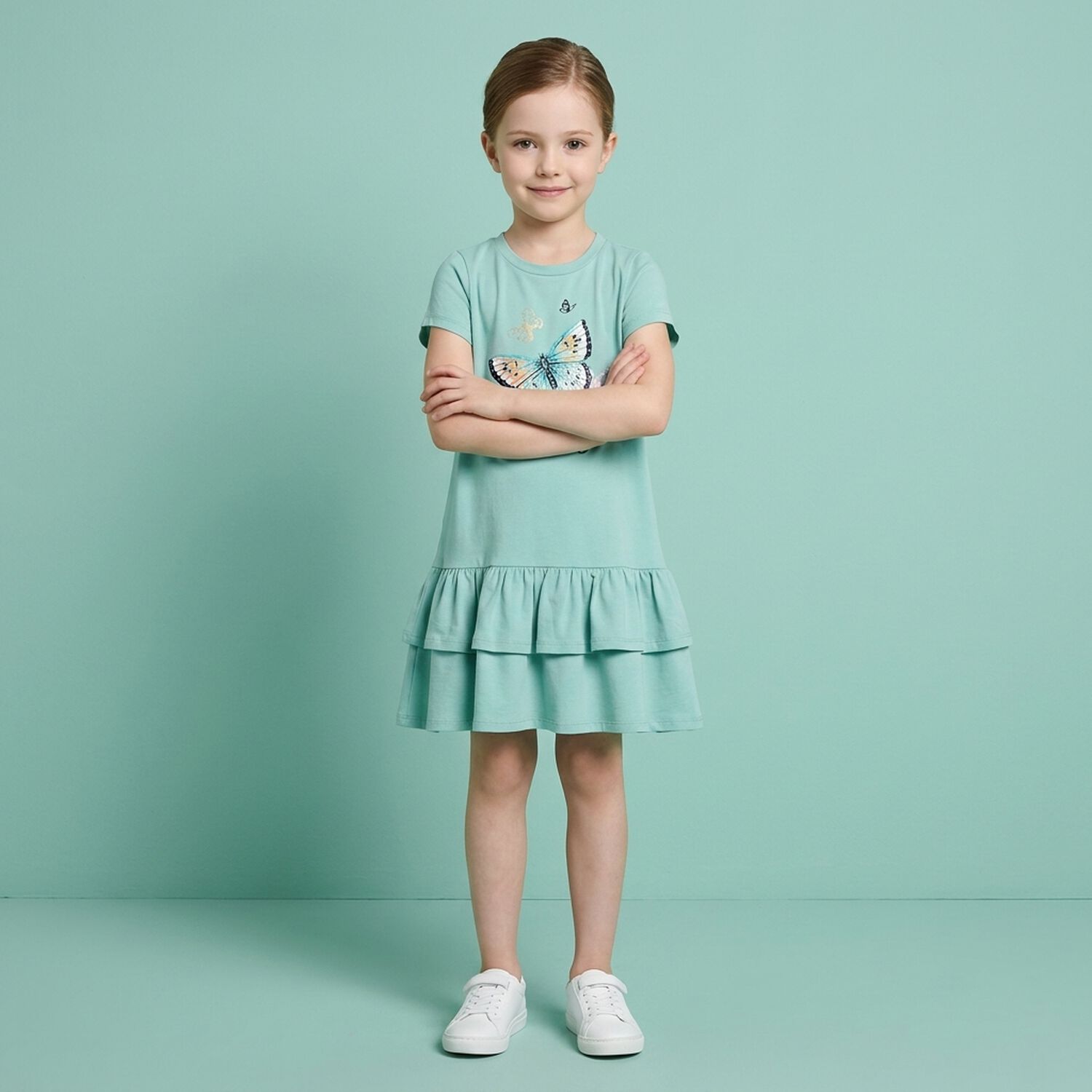 Girls Green Butterflies Logo Dress, 2, hi-res