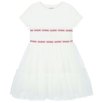 Girls White Logo Tulle Dress