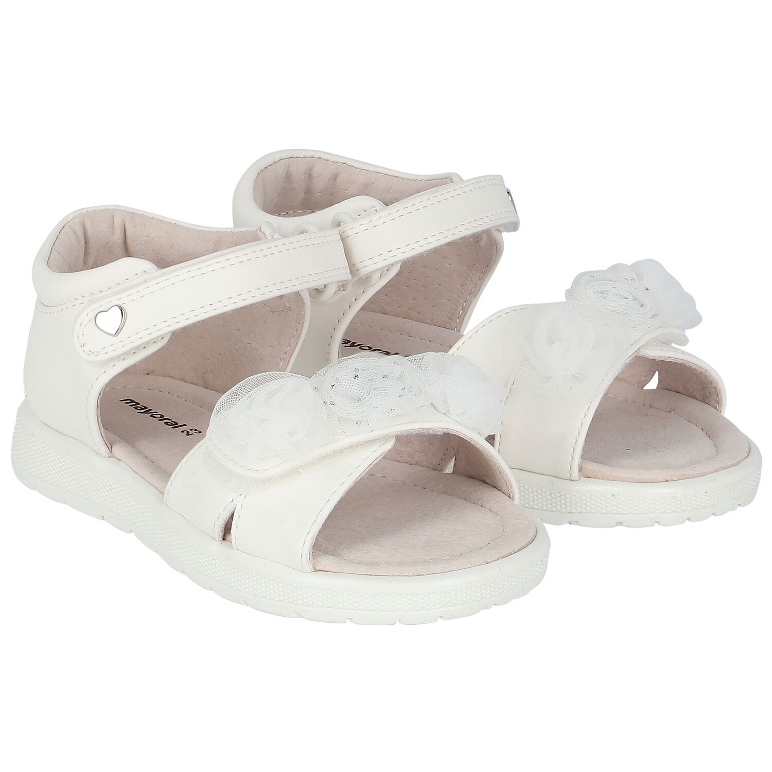 Younger Girls White Flower Sandals, 1, hi-res