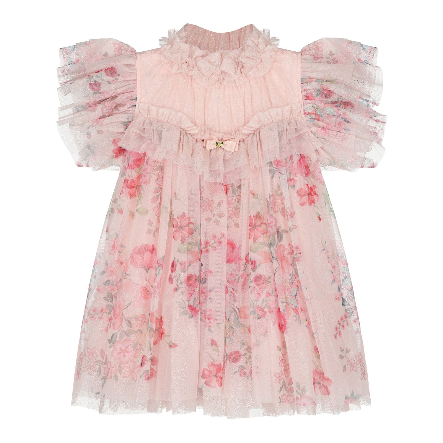 Baby Girls Glittery Pink Floral Tulle Dress , 1, hi-res