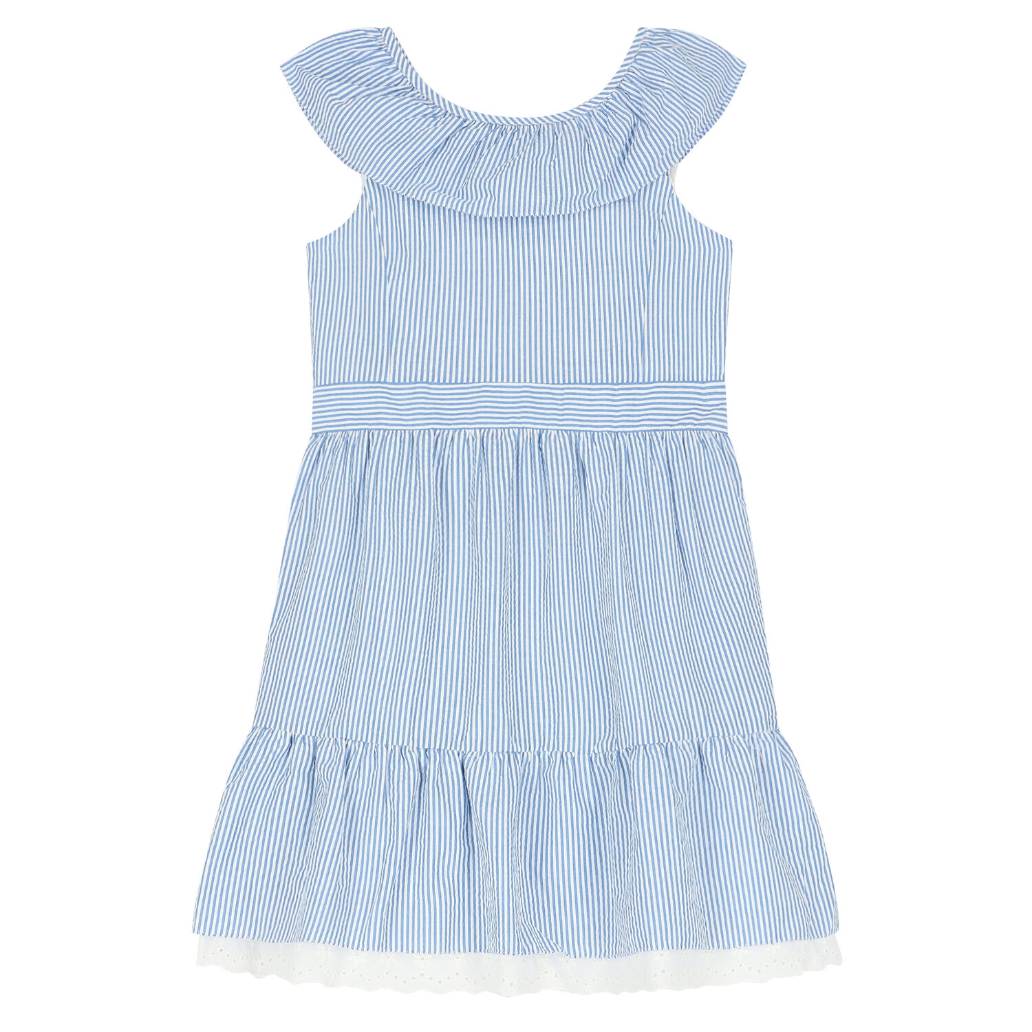 Girls White & Blue Striped Dress, 1, hi-res