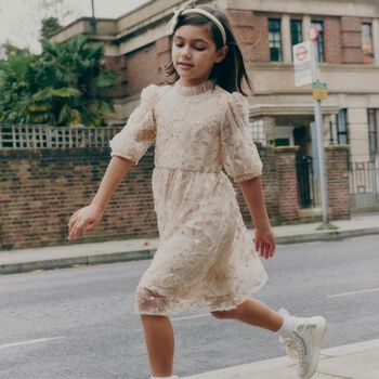 Girls Beige Sequin Tulle Dress