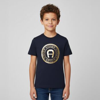 Boys Navy Blue & Gold Logo T-Shirt
