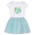 Girls White & Aqua Tulle Skirt Set, 3, hi-res