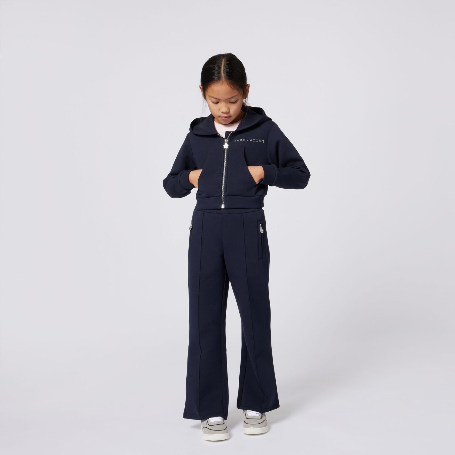 Girls Navy Blue Logo Hooded Zip Up Top, 1, hi-res