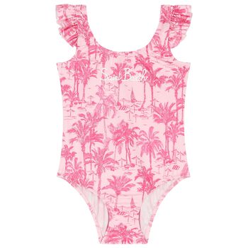 Girls Pink Palm Print Swimsuit