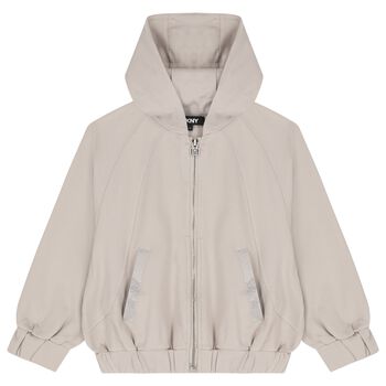 Girls Beige Embellished Hooded Zip Up Top