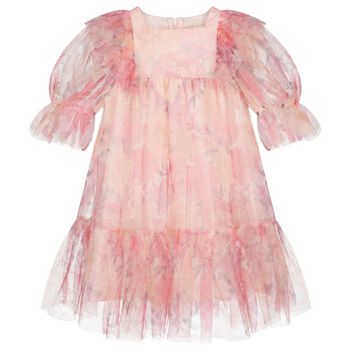 Girls Pink Floral Ruffled Tulle Dress