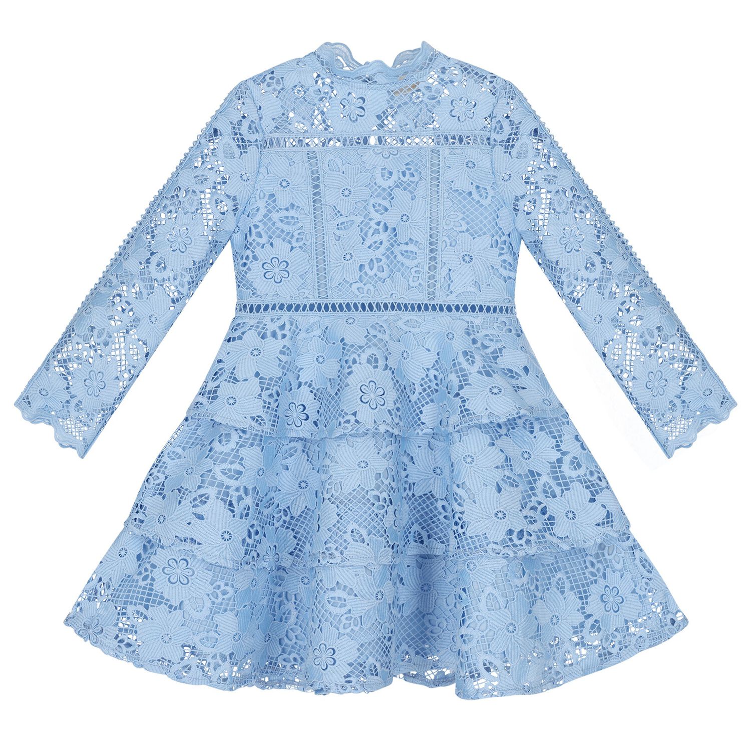 Girls Blue Floral Lace Dress, 1, hi-res