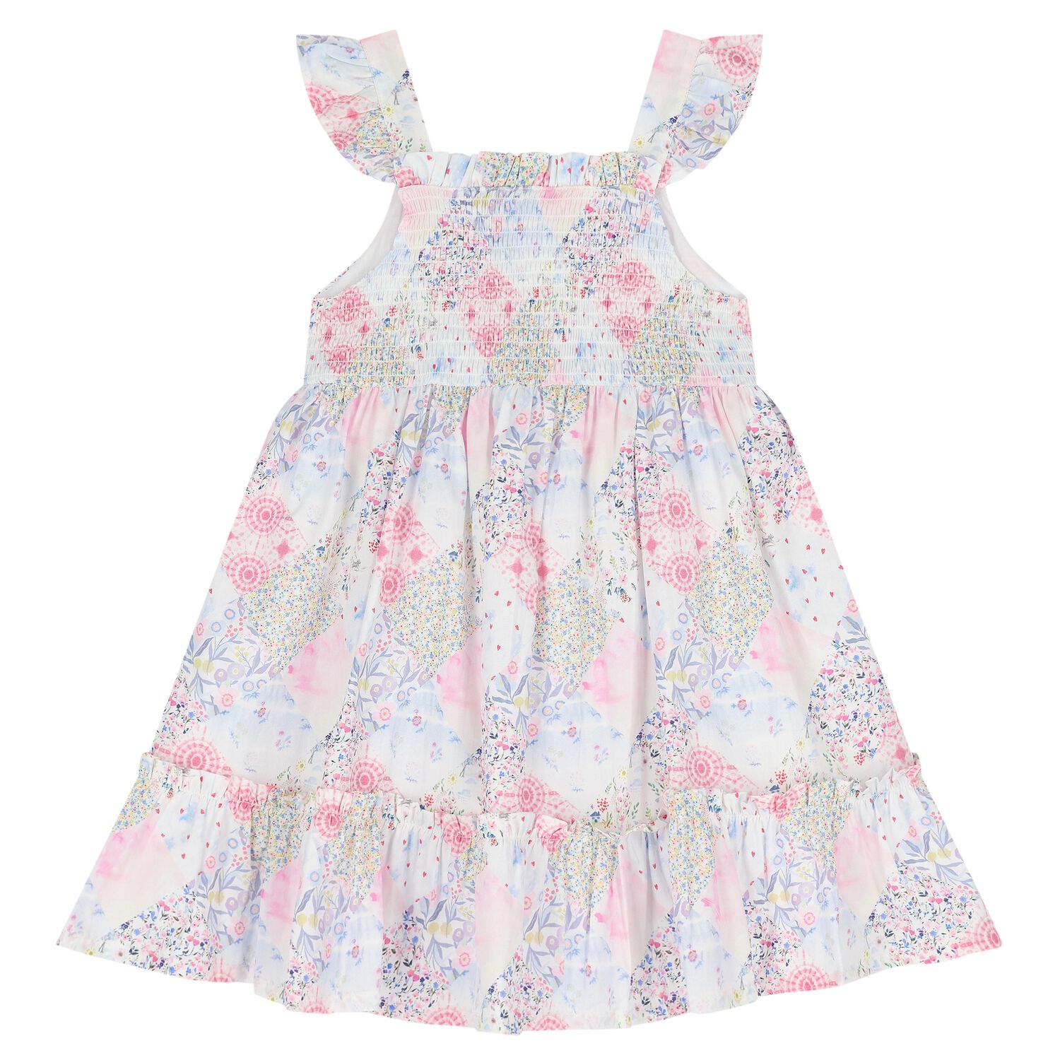 Girls Pink Floral Shirred Dress, 1, hi-res