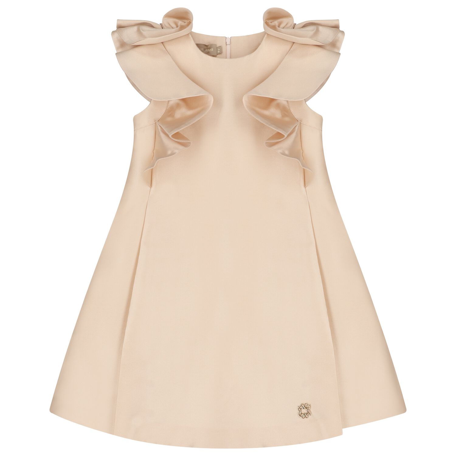 Girls Beige Satin Ruffle Dress, 1, hi-res