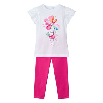 Girls White & Pink Flower Leggings Set