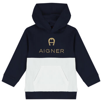 Boys Navy Blue & White Logo Hooded Top