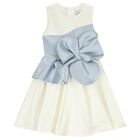 Girls Ivory & Blue Flower Satin Dress, 1, hi-res
