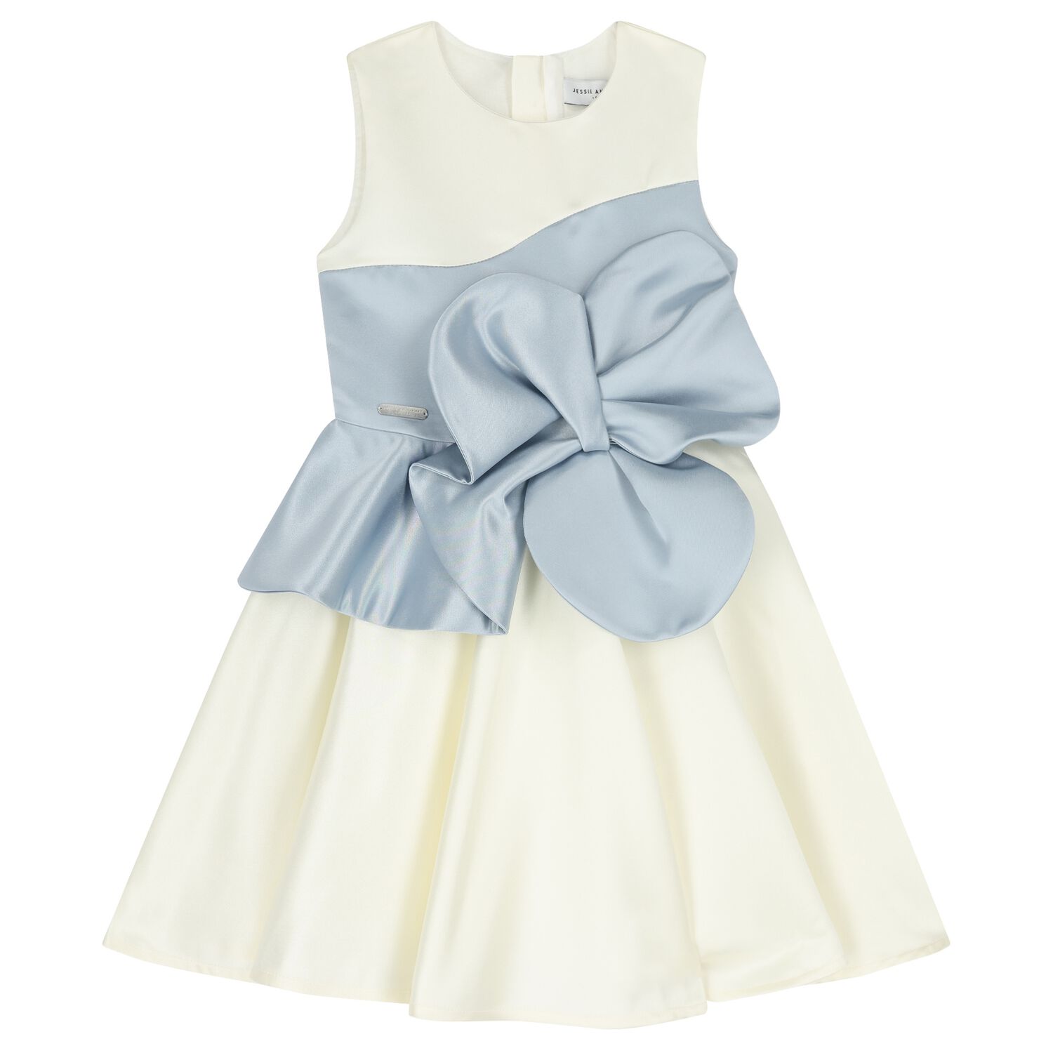 Girls Ivory & Blue Flower Satin Dress, 1, hi-res