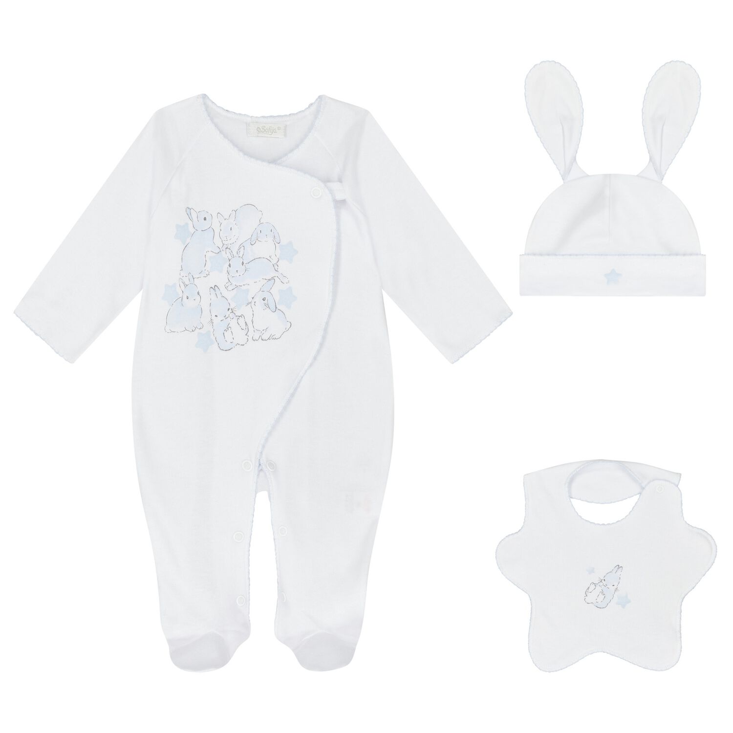 Baby Boys White & Blue Bunny Babygrow Gift Set, 1, hi-res